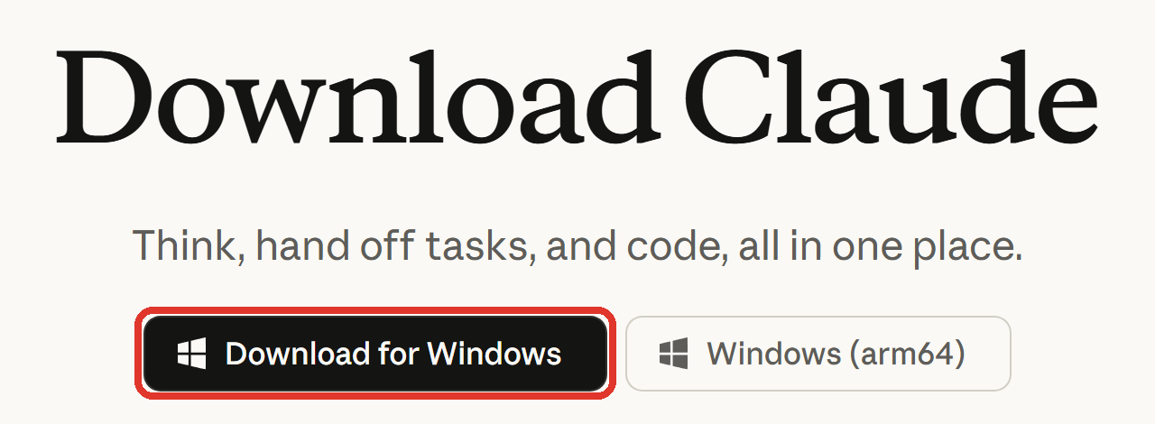 Claude 下載頁,框出 Download for Windows 按鈕