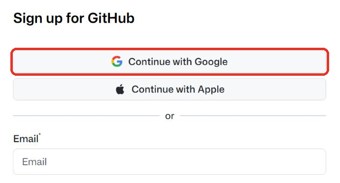 GitHub 註冊頁,框出 Continue with Google