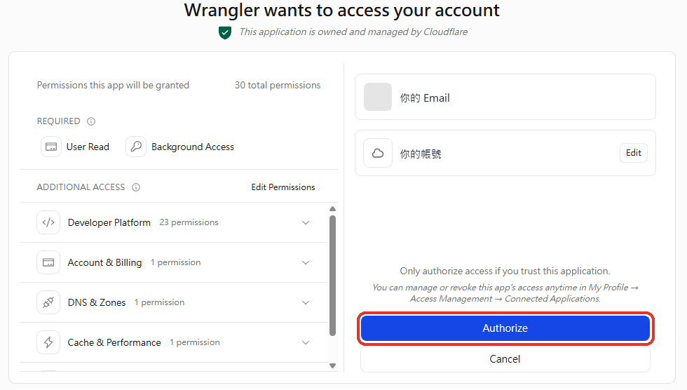 Cloudflare 的 Wrangler 授權頁，框出 Authorize 按鈕